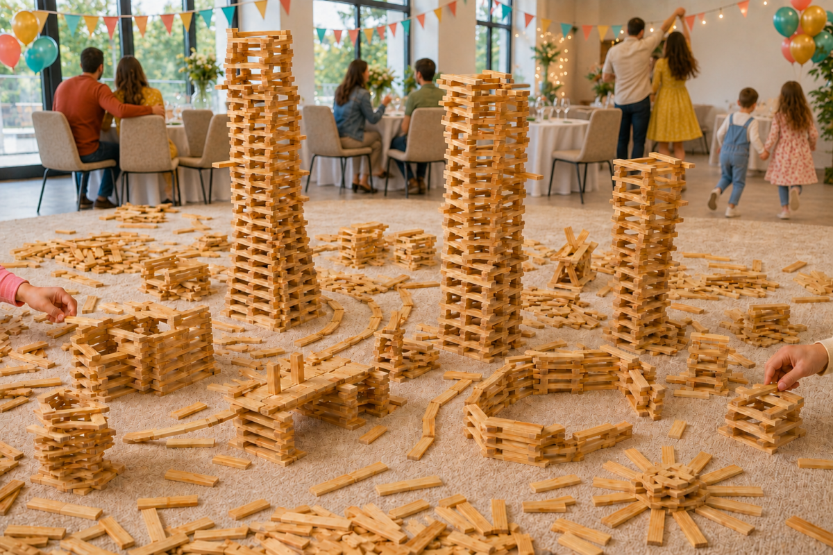 Holzbaustadt mit hohen Türmen, Brücken und kleinen Bauwerken in einer Spielecke im festlich geschmückten Veranstaltungssaal.
