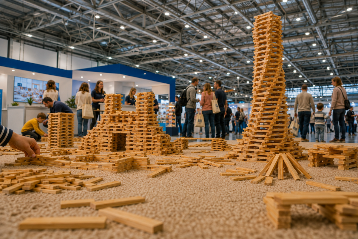 Holzbaustadt mit hohem Spiralturm, kleinen Burgen und verstreuten Holzbausteinen in einer Spielecke in der Messehalle.