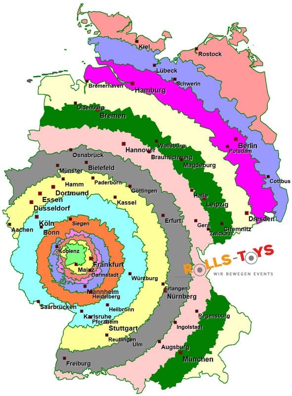 Die verschiedenen Lieferzonen in Deutschland der Firma Rolls-Toys