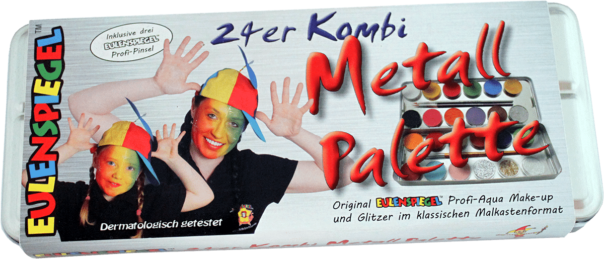 24er Kombi Metall Palette mit Pinseln und Glitzer zum Kinderschminken