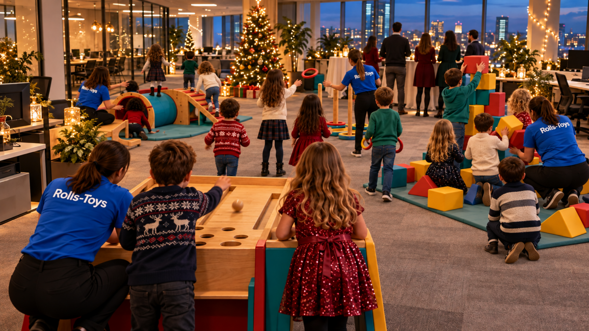Betreuerinnen in blauen Rolls-Toys-Shirts begleiten Kinder an verschiedenen Spielstationen bei einer Weihnachtsfeier in einer festlich geschmückten Büroetage.